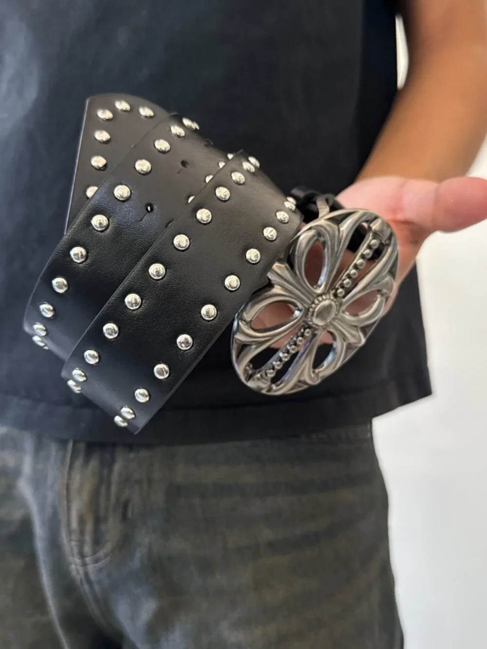 Black Studded Faux Leather Metal Cross Buckle Belt